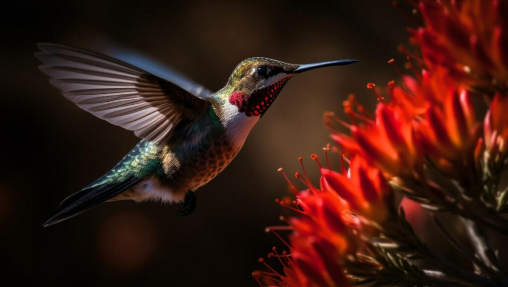 A hummingbird with iridescent feathers hovers near vibrant red flowers, poised to feed