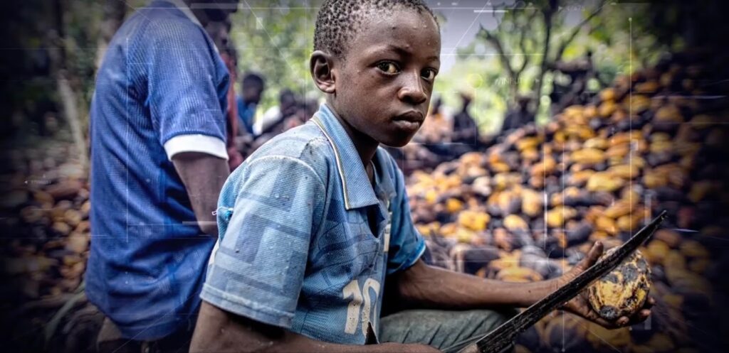 A child holds a cocoa fruit and a machete in his hands
