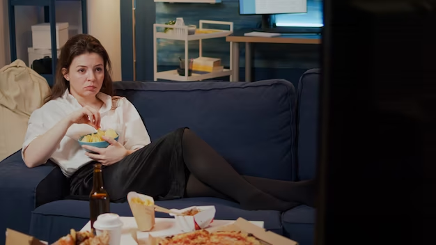 A girl is eating popcorn and watching TV